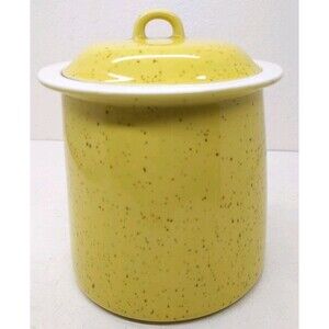 Fine Stone Ware Yellow Speckled  Storage Jar W/ Lid  6 1/2" Tall Pre-owned